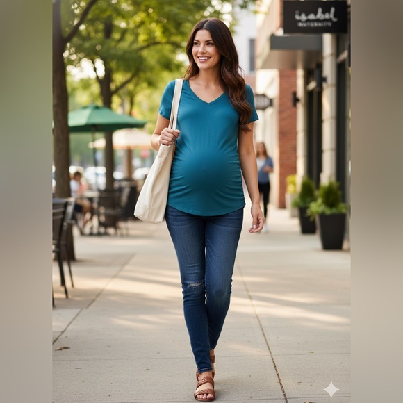 Isabel Maternity NWT Teal Blue Short Sleeve V-Neck Ruched T-Shirt XS - Picture 2 of 6